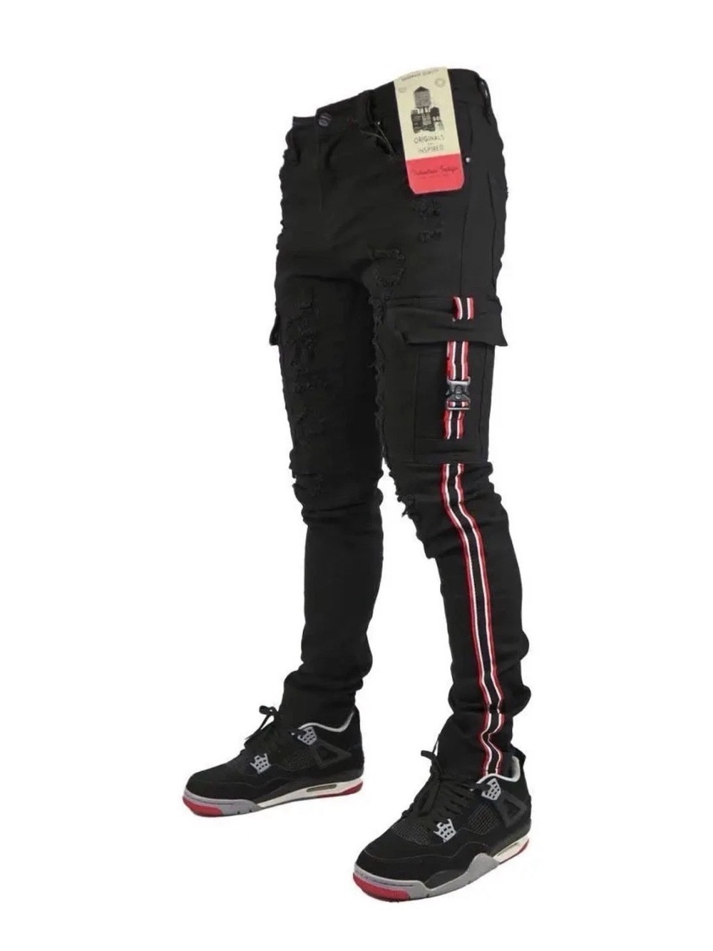 Industrial Indigo Jeans Mens 38x34 Red Distressed Cargo Skinny Denim Pants
